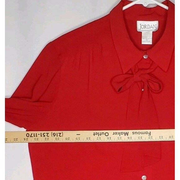 Jordan Bow Tie Neck Button Collar Top Women XL Red Chiffon Old Money Feminine - Picture 5 of 9